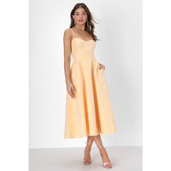 NWT Lulus Meet for Tea Yellow Jacquard Bustier Midi Dress With Pockets Wedding M - Picture 1 of 9